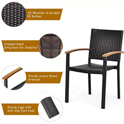Costway Set da Pranzo da Giardino 7 Pezzi in Rattan, Tavolo con Piano in Legno di Acacia, Sedie Impilabili