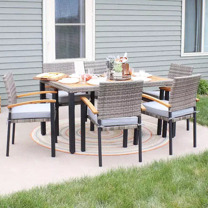 Set da pranzo da esterno Carlow a 7 pezzi Sunnydaze in rattan e legno di acacia con tavolo, sedie e cuscini per le sedie