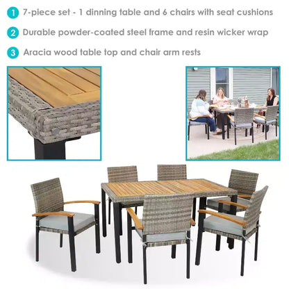 Set da pranzo da esterno Carlow a 7 pezzi Sunnydaze in rattan e legno di acacia con tavolo, sedie e cuscini per le sedie