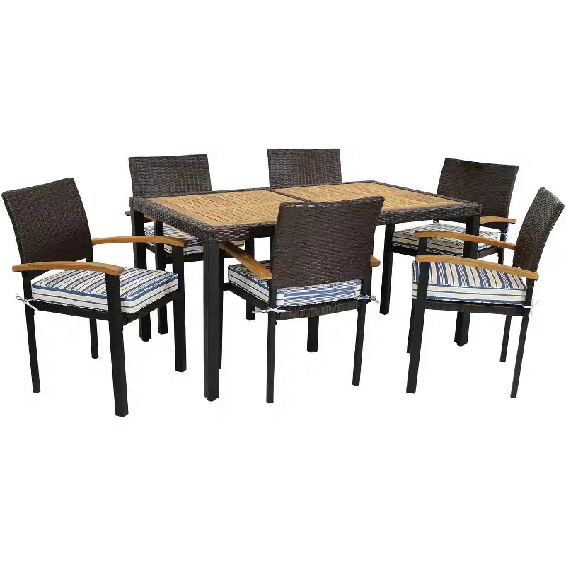 Set da pranzo da esterno Carlow a 7 pezzi Sunnydaze in rattan e legno di acacia con tavolo, sedie e cuscini per le sedie
