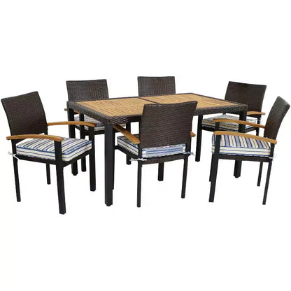 Set da pranzo da esterno Carlow a 7 pezzi Sunnydaze in rattan e legno di acacia con tavolo, sedie e cuscini per le sedie