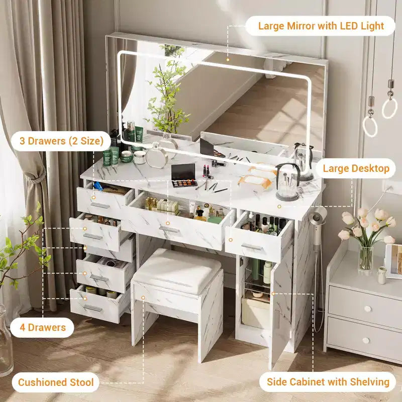 Toeletta Trucco con Specchio a LED a 3 Modalità e Prese di Ricarica, Grande Scrivania da Trucco con 7 Cassetti e Mobile Contenitore, Tavolo da Toeletta Moderno