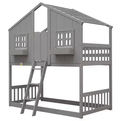 Lit mezzanine cabane de taille double, lit mezzanine cabane en bois avec échelle et barrières de sécurité pour enfants