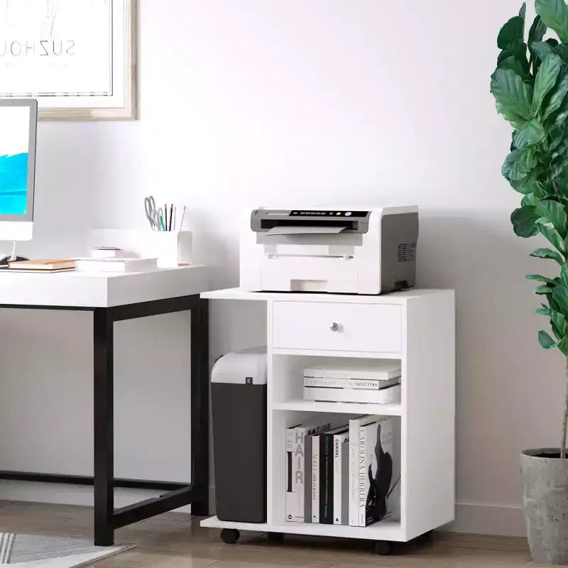 Supporto per stampante mobile con ruote, ripiano regolabile, cassetto e supporto per CPU, 68,5 cm H