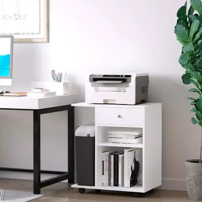 Supporto per stampante mobile con ruote, ripiano regolabile, cassetto e supporto per CPU, 68,5 cm H