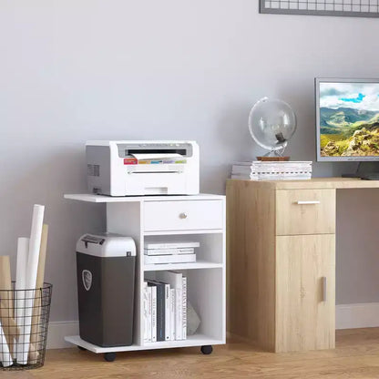 Supporto per stampante mobile con ruote, ripiano regolabile, cassetto e supporto per CPU, 68,5 cm H