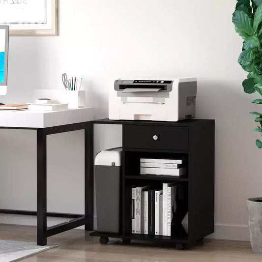 Supporto per stampante mobile con ruote, ripiano regolabile, cassetto e supporto per CPU, 68,5 cm H