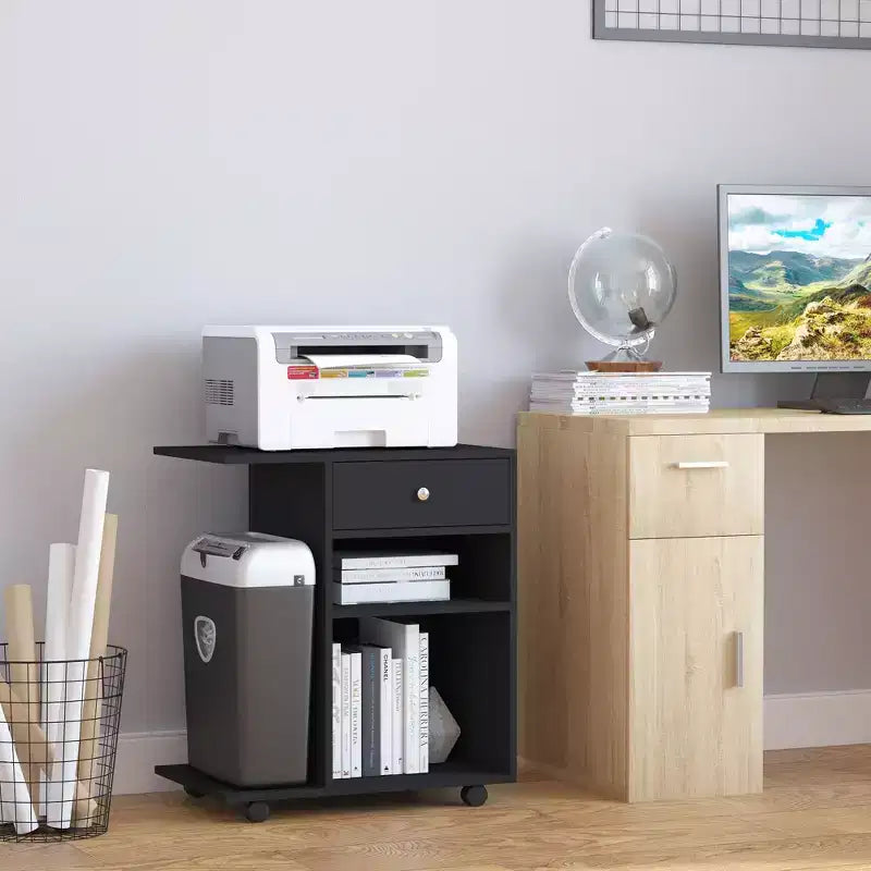 Supporto per stampante mobile con ruote, ripiano regolabile, cassetto e supporto per CPU, 68,5 cm H