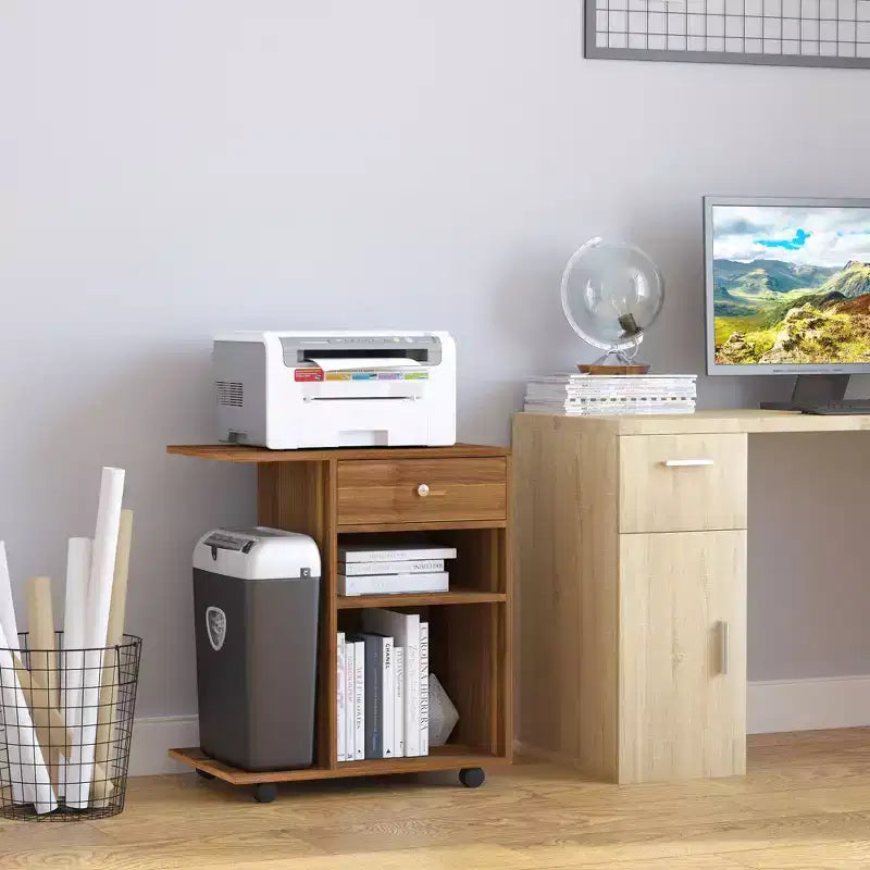 Supporto per stampante mobile con ruote, ripiano regolabile, cassetto e supporto per CPU, 68,5 cm H