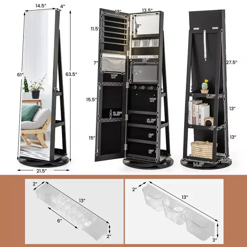 Costway Armoire à bijoux rotative à 360° avec miroir, 3 modes de couleur LED, verrouillable, noir