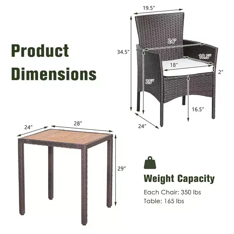 Costway Set da Pranzo da Giardino 3 Pezzi in Vimini con Piano Tavolo in Legno di Acacia e Sedie Imbottite