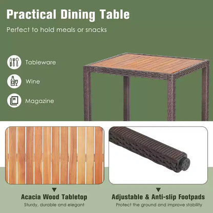 Costway Set da Pranzo da Giardino 3 Pezzi in Vimini con Piano Tavolo in Legno di Acacia e Sedie Imbottite