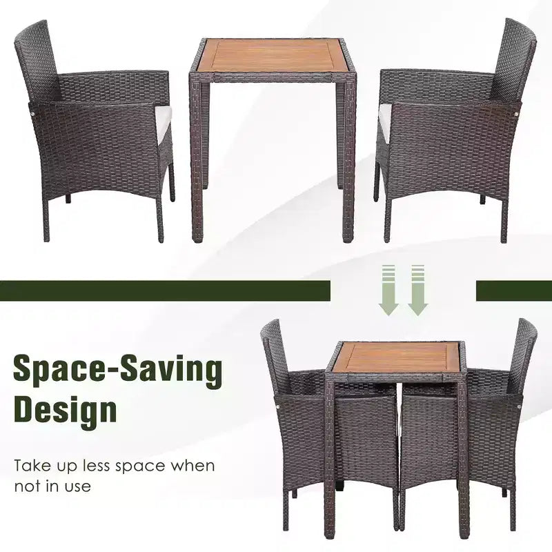 Costway Set da Pranzo da Giardino 3 Pezzi in Vimini con Piano Tavolo in Legno di Acacia e Sedie Imbottite