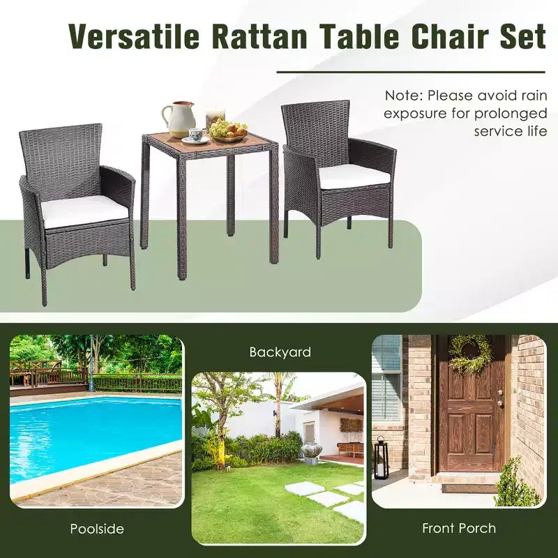 Costway Set da Pranzo da Giardino 3 Pezzi in Vimini con Piano Tavolo in Legno di Acacia e Sedie Imbottite