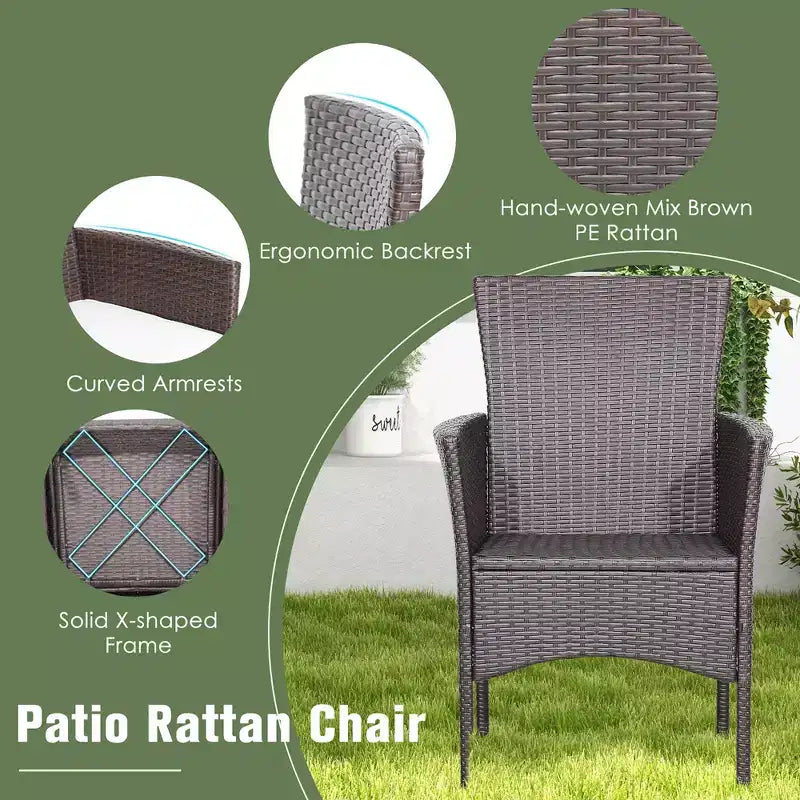 Costway Set da Pranzo da Giardino 3 Pezzi in Vimini con Piano Tavolo in Legno di Acacia e Sedie Imbottite