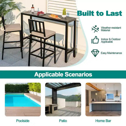 Costway Set da tavolo da pranzo per patio 3 pezzi con tavolo da bar in metallo e sedie con cuscino