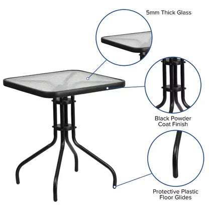Ensemble de table de patio trois pièces Emma et Oliver avec table à cadre métallique carré avec plateau en verre trempé et deux chaises empilables Flex Comfort