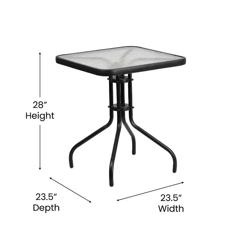 Ensemble de table de patio trois pièces Emma et Oliver avec table à cadre métallique carré avec plateau en verre trempé et deux chaises empilables Flex Comfort
