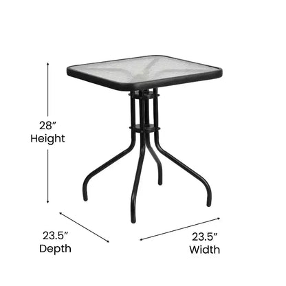 Ensemble de table de patio trois pièces Emma et Oliver avec table à cadre métallique carré avec plateau en verre trempé et deux chaises empilables Flex Comfort