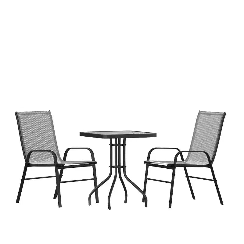 Ensemble de table de patio trois pièces Emma et Oliver avec table à cadre métallique carré avec plateau en verre trempé et deux chaises empilables Flex Comfort