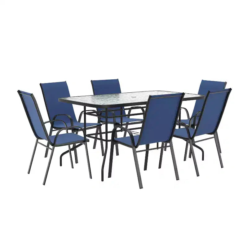 Ensemble de table de patio sept pièces Emma et Oliver avec table en métal avec plateau en verre trempé et 6 chaises empilables Flex Comfort