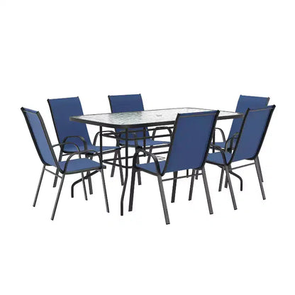 Ensemble de table de patio sept pièces Emma et Oliver avec table en métal avec plateau en verre trempé et 6 chaises empilables Flex Comfort