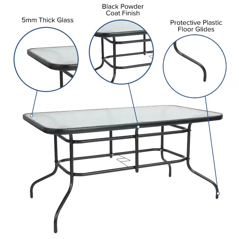 Ensemble de table de patio sept pièces Emma et Oliver avec table en métal avec plateau en verre trempé et 6 chaises empilables Flex Comfort