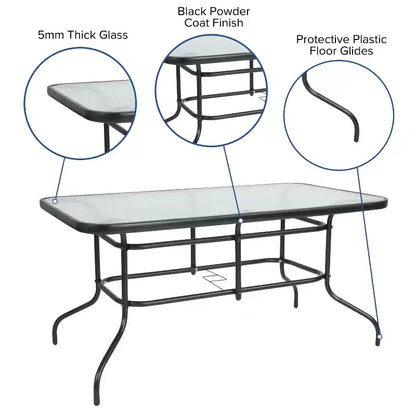 Ensemble de table de patio sept pièces Emma et Oliver avec table en métal avec plateau en verre trempé et 6 chaises empilables Flex Comfort