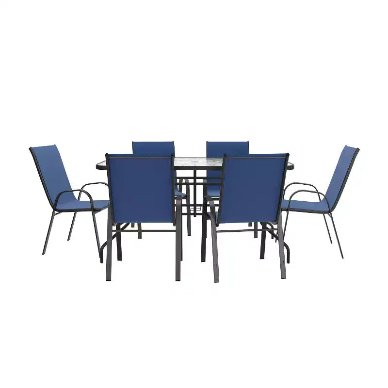 Ensemble de table de patio sept pièces Emma et Oliver avec table en métal avec plateau en verre trempé et 6 chaises empilables Flex Comfort