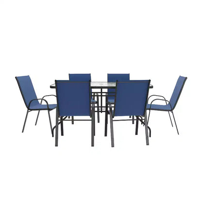 Ensemble de table de patio sept pièces Emma et Oliver avec table en métal avec plateau en verre trempé et 6 chaises empilables Flex Comfort