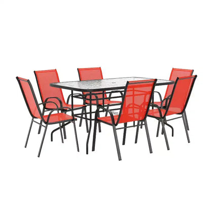 Ensemble de table de patio sept pièces Emma et Oliver avec table en métal avec plateau en verre trempé et 6 chaises empilables Flex Comfort