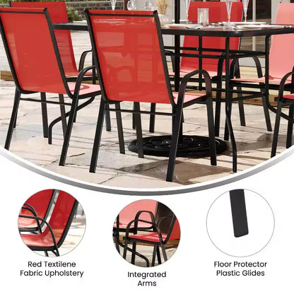 Ensemble de table de patio sept pièces Emma et Oliver avec table en métal avec plateau en verre trempé et 6 chaises empilables Flex Comfort