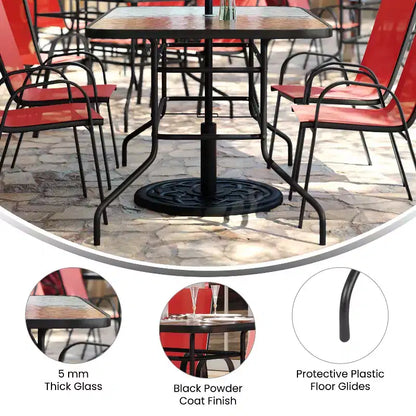 Ensemble de table de patio sept pièces Emma et Oliver avec table en métal avec plateau en verre trempé et 6 chaises empilables Flex Comfort