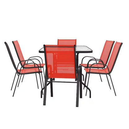 Ensemble de table de patio sept pièces Emma et Oliver avec table en métal avec plateau en verre trempé et 6 chaises empilables Flex Comfort