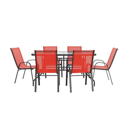 Ensemble de table de patio sept pièces Emma et Oliver avec table en métal avec plateau en verre trempé et 6 chaises empilables Flex Comfort