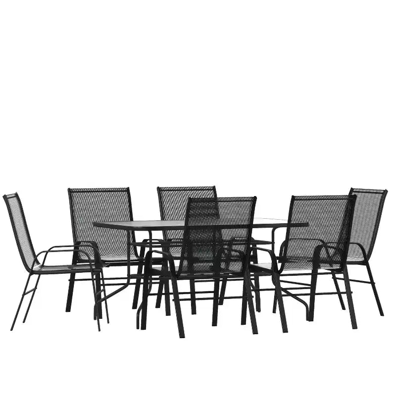 Ensemble de table de patio sept pièces Emma et Oliver avec table en métal avec plateau en verre trempé et 6 chaises empilables Flex Comfort