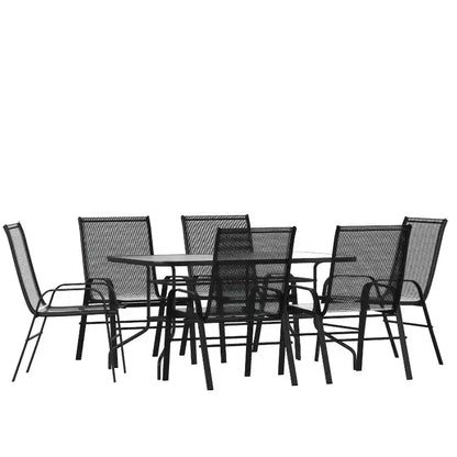 Ensemble de table de patio sept pièces Emma et Oliver avec table en métal avec plateau en verre trempé et 6 chaises empilables Flex Comfort