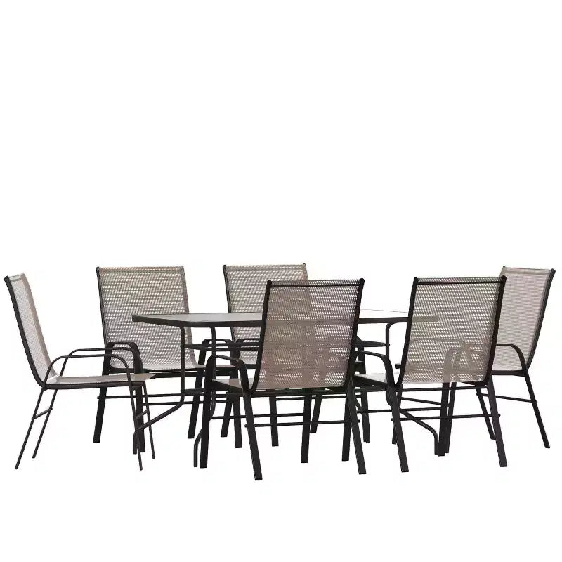 Ensemble de table de patio sept pièces Emma et Oliver avec table en métal avec plateau en verre trempé et 6 chaises empilables Flex Comfort