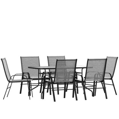 Ensemble de table de patio sept pièces Emma et Oliver avec table en métal avec plateau en verre trempé et 6 chaises empilables Flex Comfort