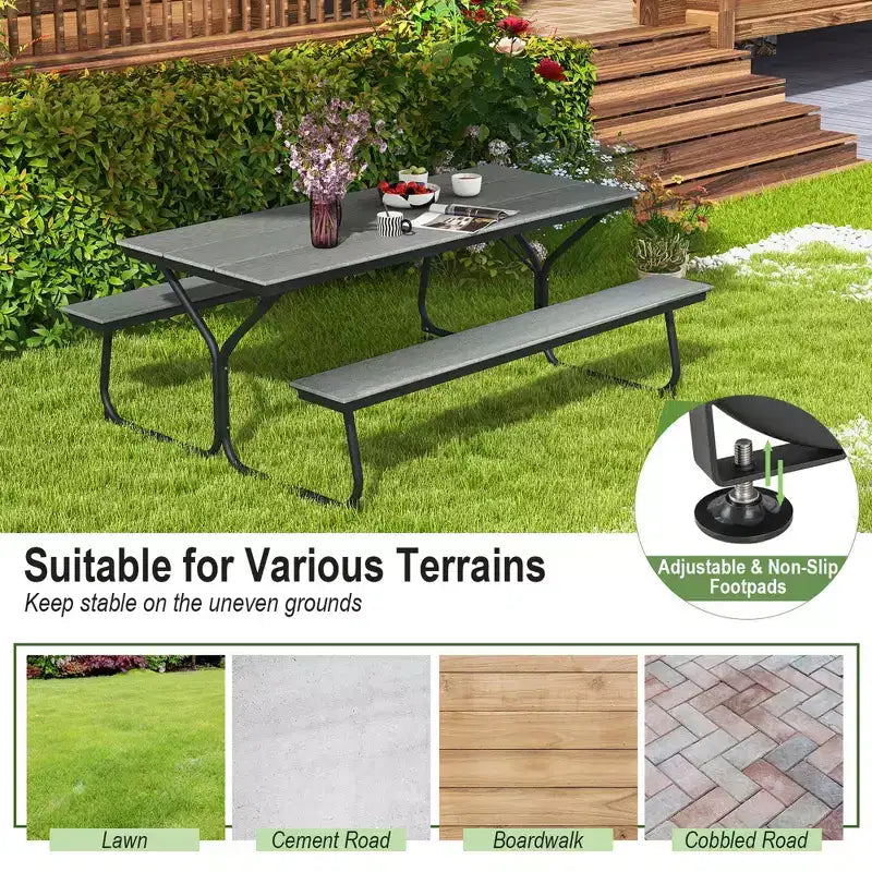 Costway Ensemble table et banc de pique-nique 1,8 m Extérieur HDPE Table robuste pour 6 à 8 personnes Marron/Gris