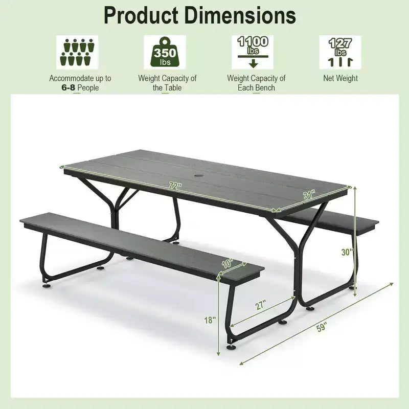 Costway Ensemble table et banc de pique-nique 1,8 m Extérieur HDPE Table robuste pour 6 à 8 personnes Marron/Gris