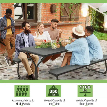 Costway Ensemble table et banc de pique-nique 1,8 m Extérieur HDPE Table robuste pour 6 à 8 personnes Marron/Gris