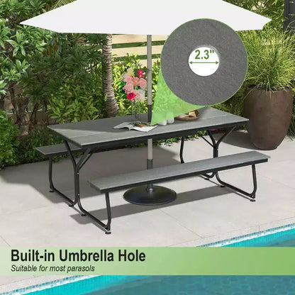 Costway Ensemble table et banc de pique-nique 1,8 m Extérieur HDPE Table robuste pour 6 à 8 personnes Marron/Gris