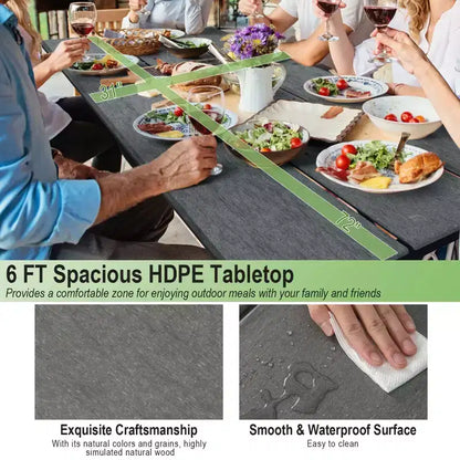Costway Ensemble table et banc de pique-nique 1,8 m Extérieur HDPE Table robuste pour 6 à 8 personnes Marron/Gris