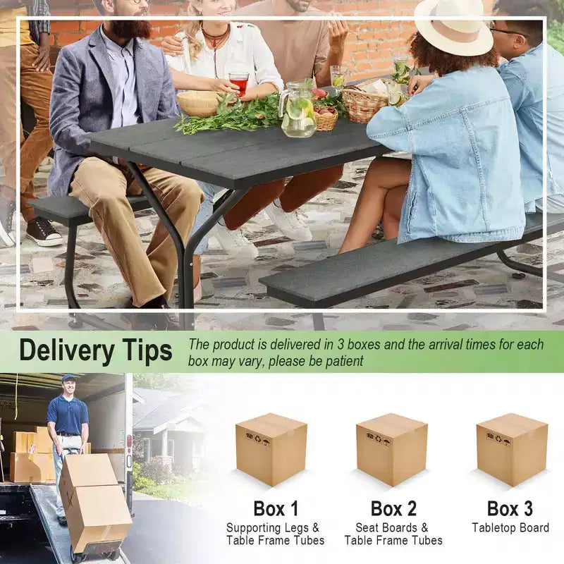 Costway Ensemble table et banc de pique-nique 1,8 m Extérieur HDPE Table robuste pour 6 à 8 personnes Marron/Gris