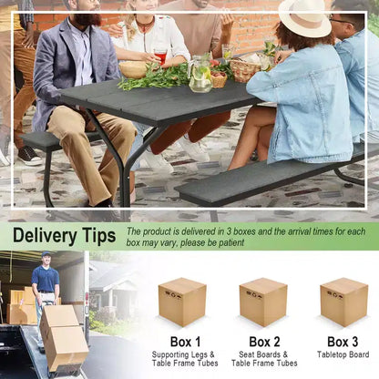 Costway Ensemble table et banc de pique-nique 1,8 m Extérieur HDPE Table robuste pour 6 à 8 personnes Marron/Gris