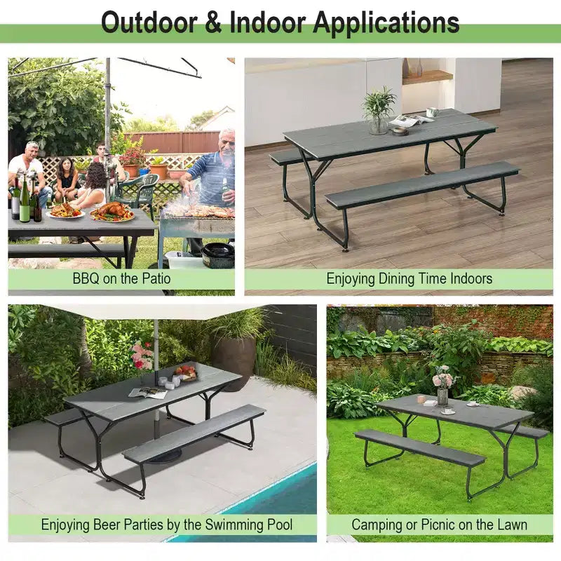 Costway Ensemble table et banc de pique-nique 1,8 m Extérieur HDPE Table robuste pour 6 à 8 personnes Marron/Gris