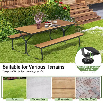 Costway Ensemble table et banc de pique-nique 1,8 m Extérieur HDPE Table robuste pour 6 à 8 personnes Marron/Gris