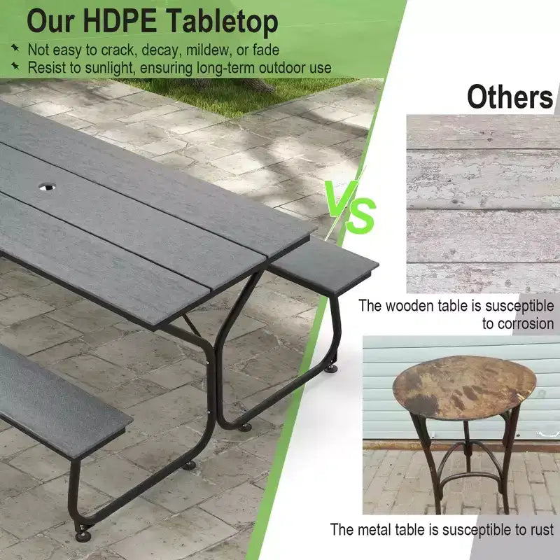 Costway Ensemble table et banc de pique-nique 1,8 m Extérieur HDPE Table robuste pour 6 à 8 personnes Marron/Gris