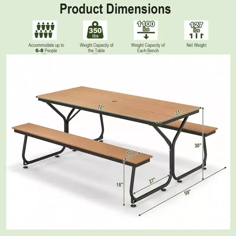 Costway Ensemble table et banc de pique-nique 1,8 m Extérieur HDPE Table robuste pour 6 à 8 personnes Marron/Gris